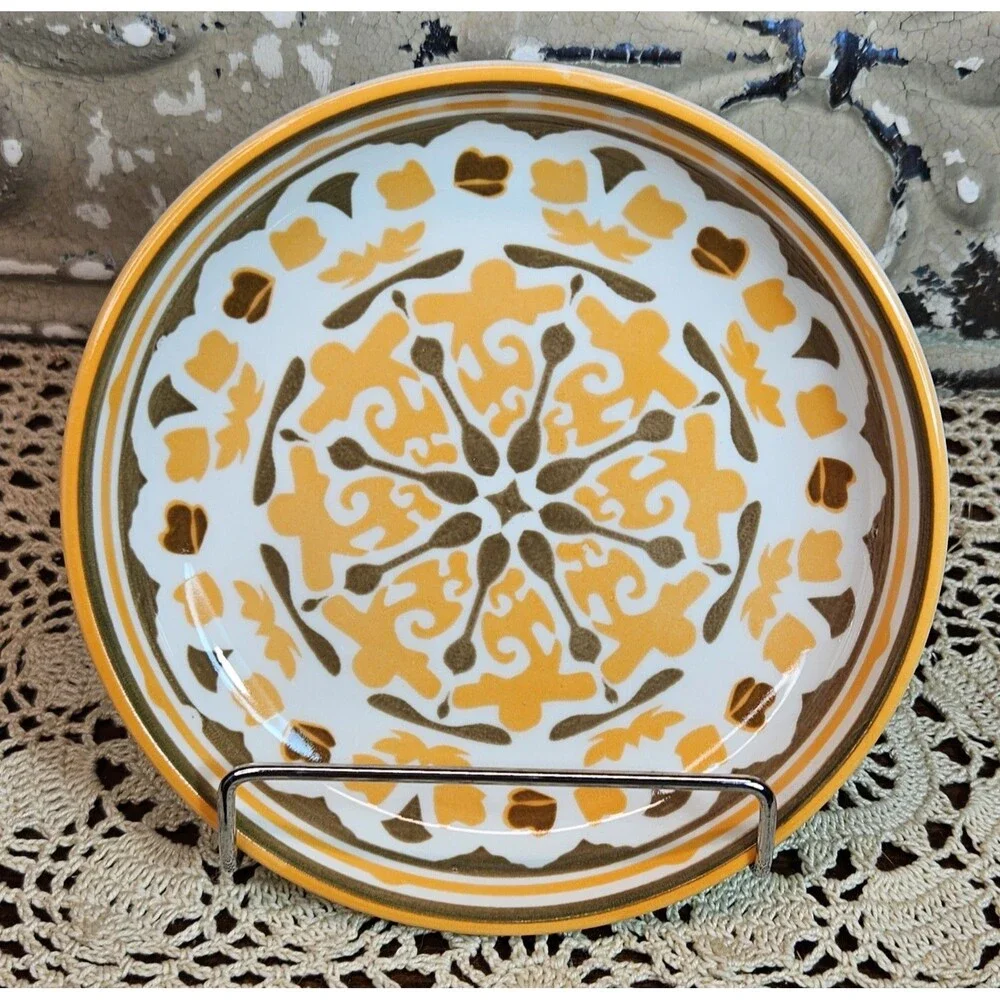Boho Style Ceramic Cat Food Dish Bowl Plate w/ Slip-guard Peach & Grey (read)